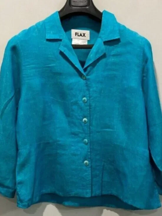 Flax Linen Long Sleeve Jacket Blue top - Picture 2 of 13